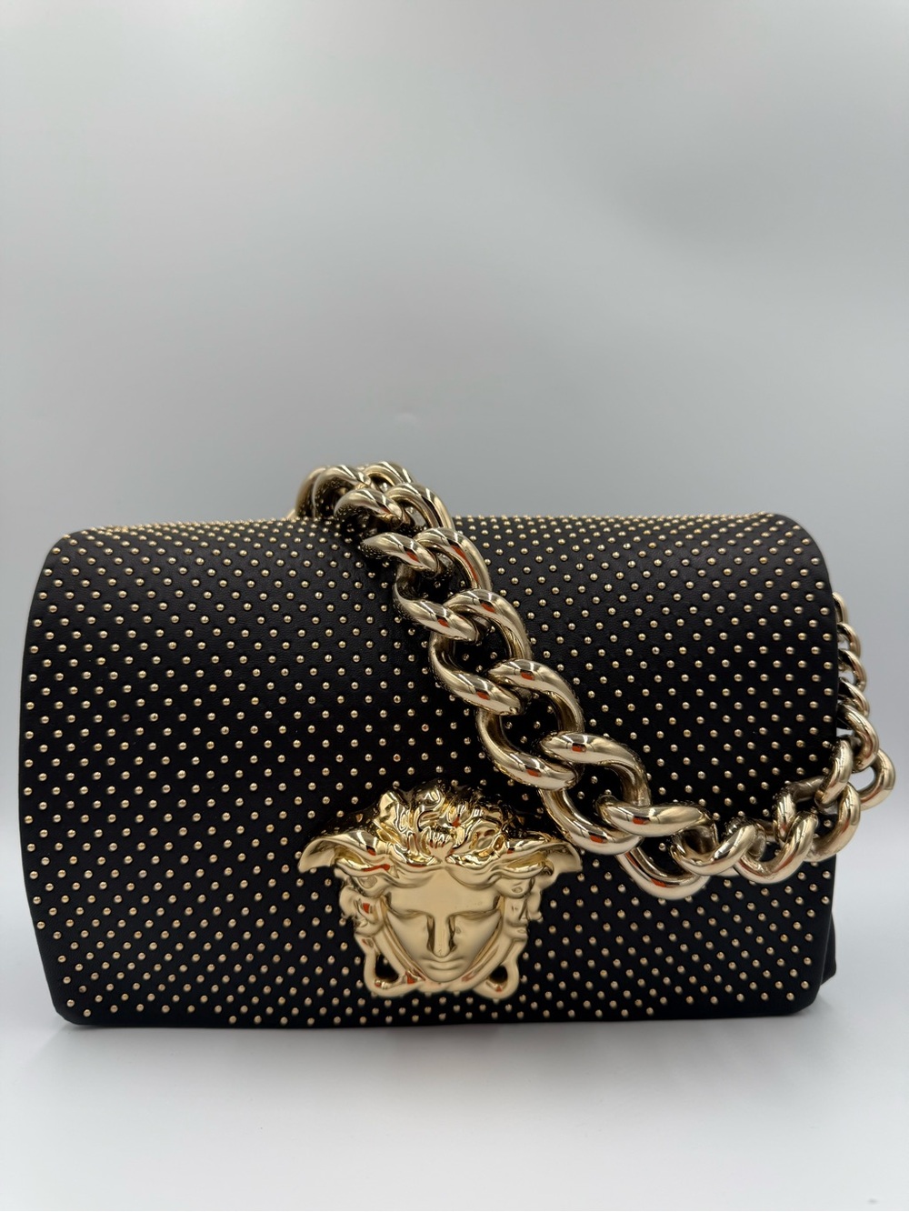 Versace Black Leather Shoulder Bag with Gold Medusa and Stud